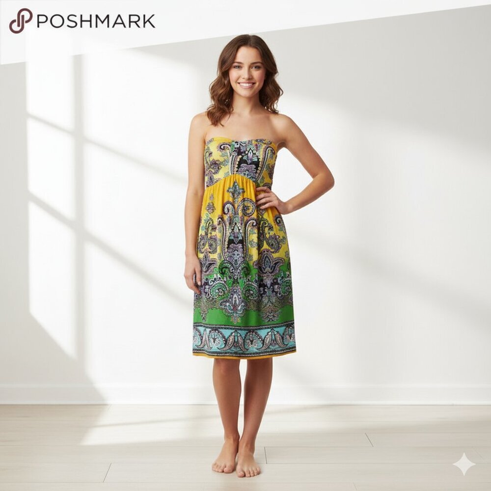 Yellow and Green Paisley Strapless Dress